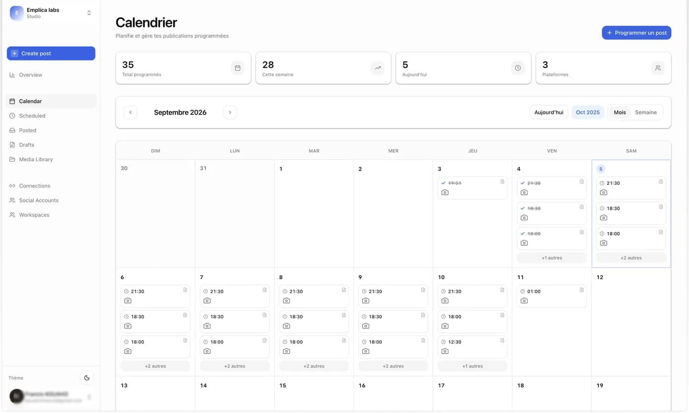 Calendrier de publication PostMagic, vue mensuelle